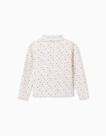 Long sleeve ribbed T-shirt with floral pattern for girls, white