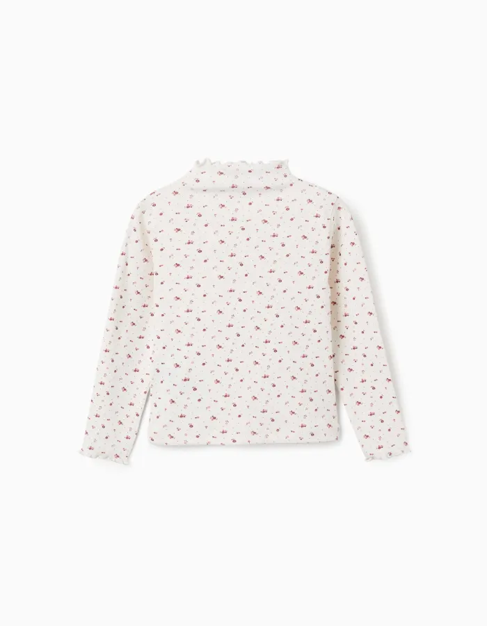 Long sleeve ribbed T-shirt with floral pattern for girls, white