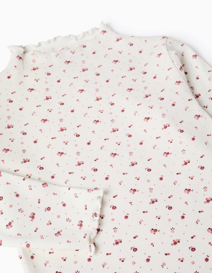 Long sleeve ribbed T-shirt with floral pattern for girls, white