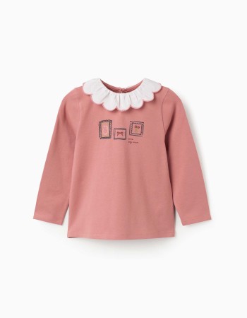 Long sleeve cotton T-shirt with floral art print for girls, dusty pink