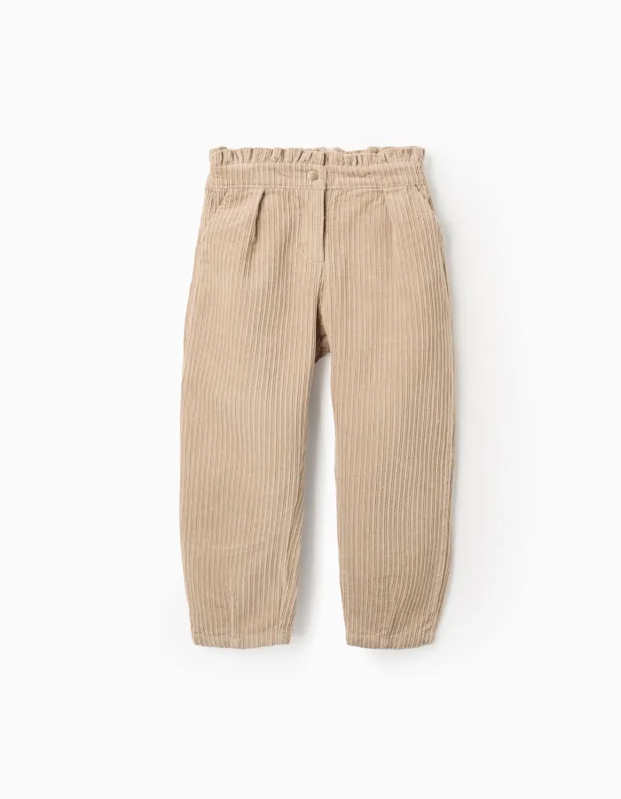 Paperbag Corduroy Trousers for Girls, Beige