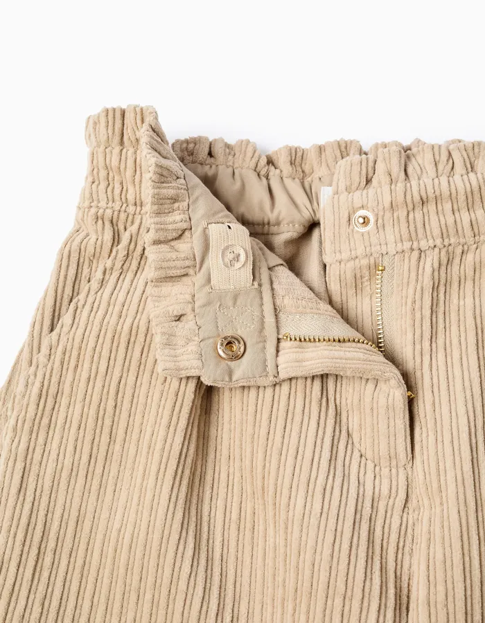 Paperbag Corduroy Trousers for Girls, Beige