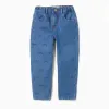 Cotton Jeans with Bow Motif for Girls, Blue