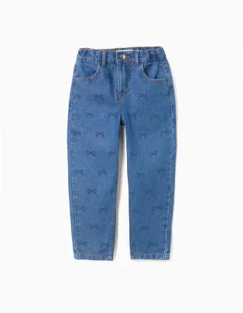 Cotton Jeans with Bow Motif for Girls, Blue