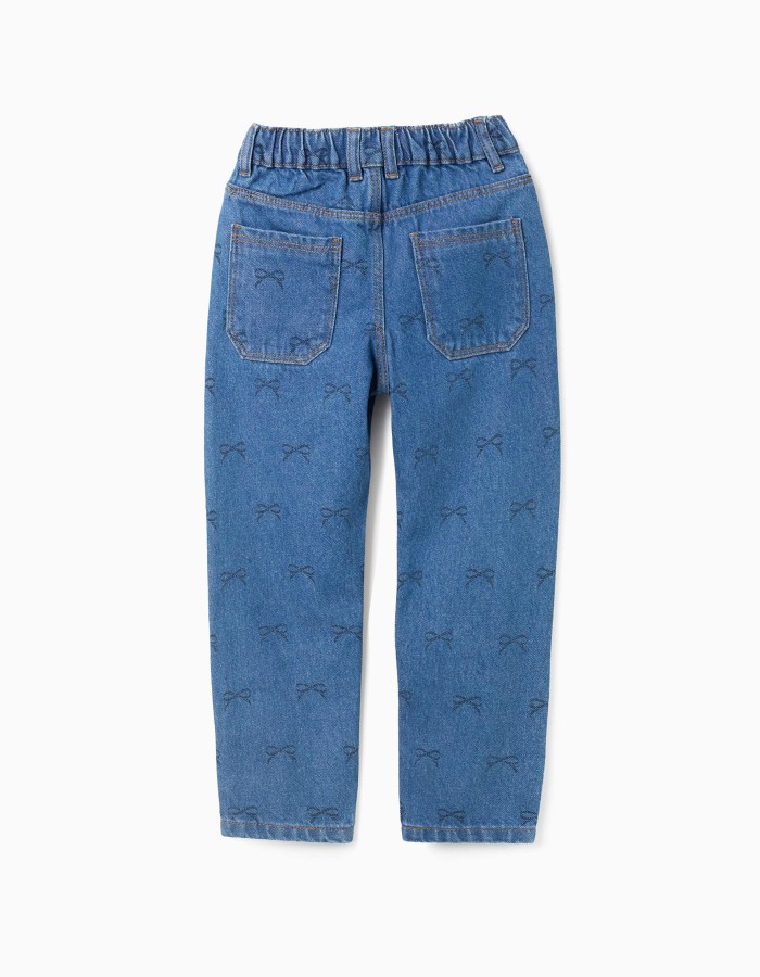 Cotton Jeans with Bow Motif for Girls, Blue