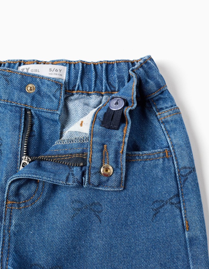 Cotton Jeans with Bow Motif for Girls, Blue