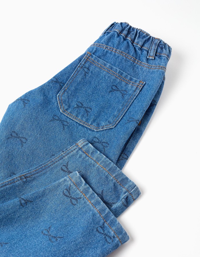 Cotton Jeans with Bow Motif for Girls, Blue
