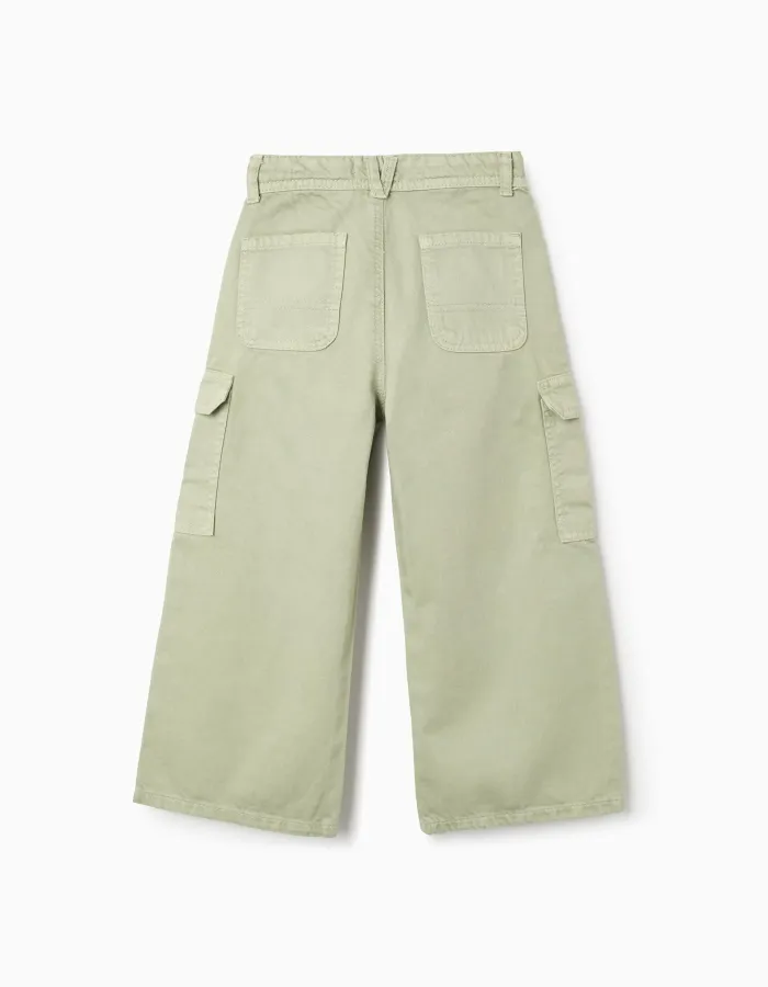 Cargo Twill Trousers for Girls 'Wide Leg', Green