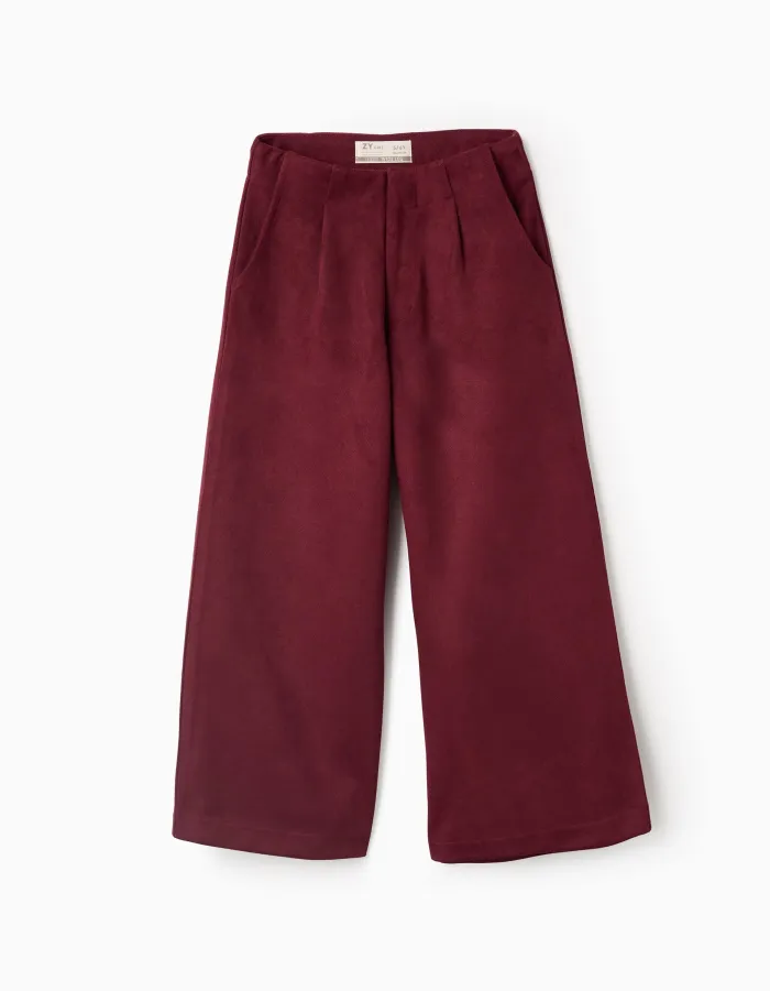 Wide leg suedette trousers for girls, burgundy