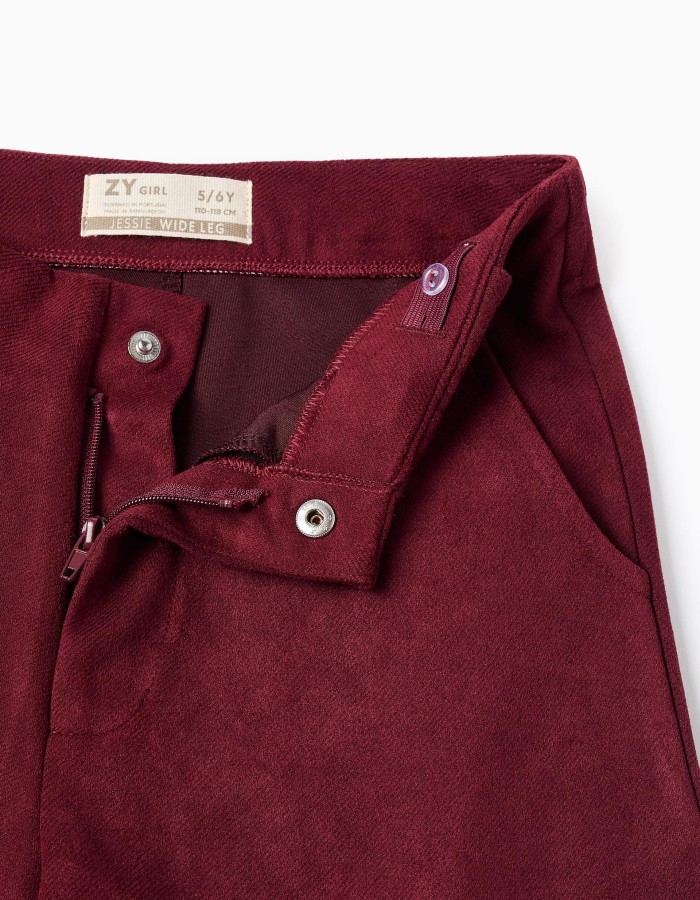 Wide leg suedette trousers for girls, burgundy