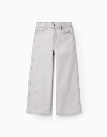 Cotton jeans with star and moon glitter print for girls, grey