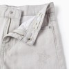 Cotton jeans with star and moon glitter print for girls, grey