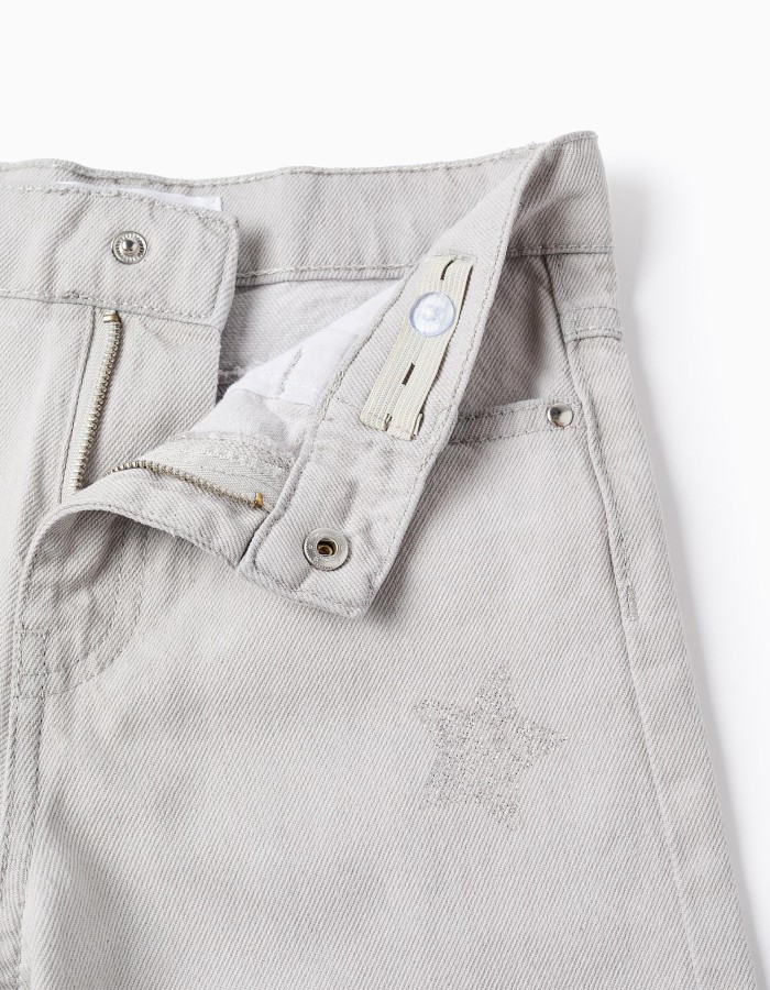 Cotton jeans with star and moon glitter print for girls, grey