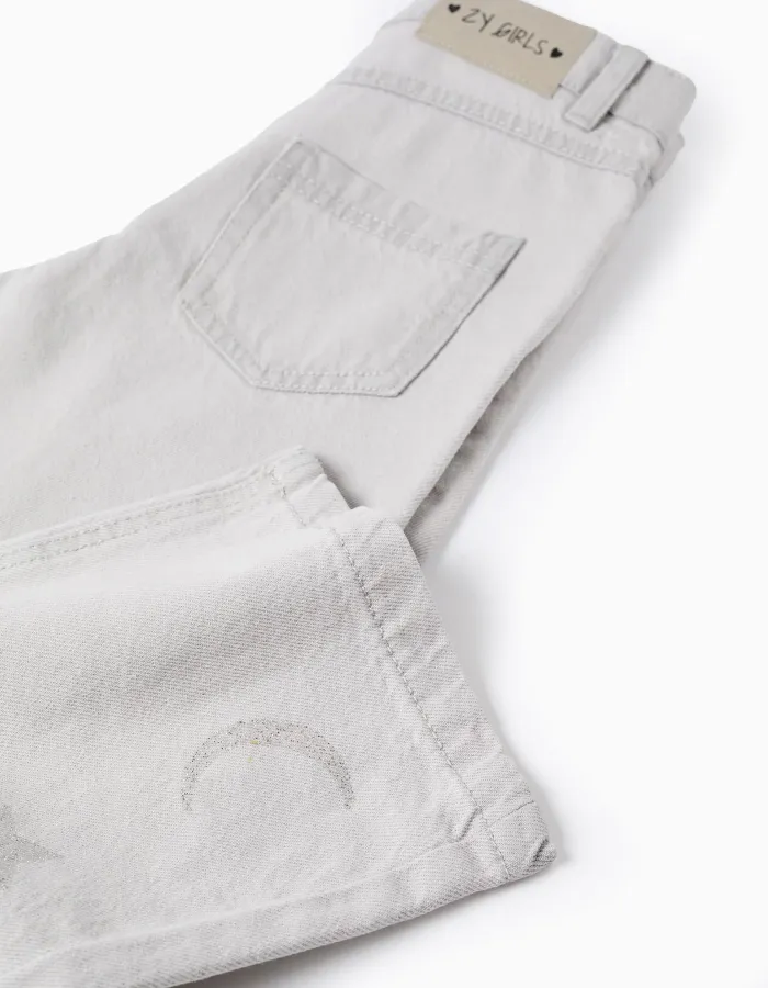 Cotton jeans with star and moon glitter print for girls, grey