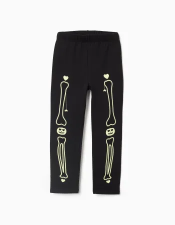 Brushed leggings with glow-in-the-dark print for girls, black