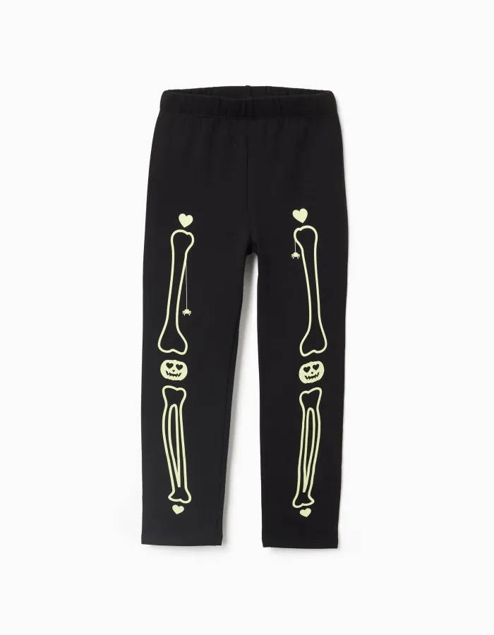Brushed leggings with glow-in-the-dark print for girls, black