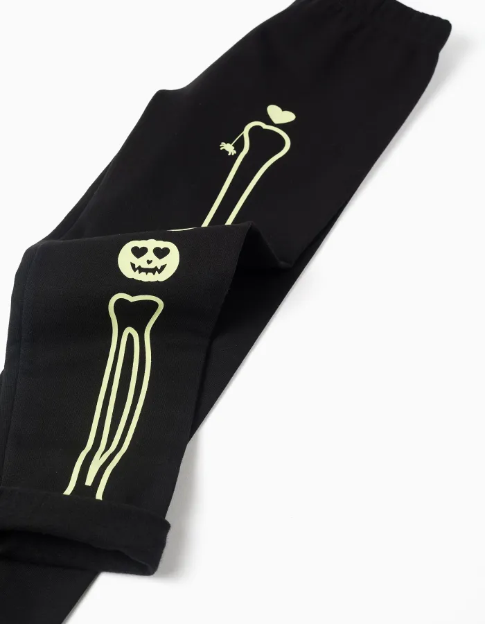 Brushed leggings with glow-in-the-dark print for girls, black