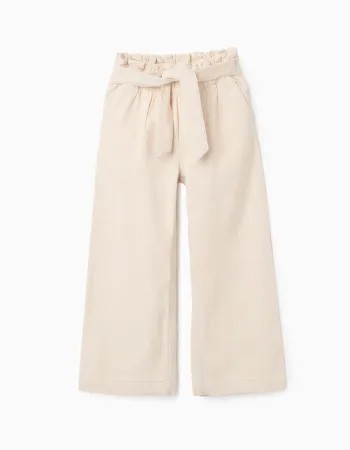 Wide leg dobby cotton trousers with belt for girls, light beige