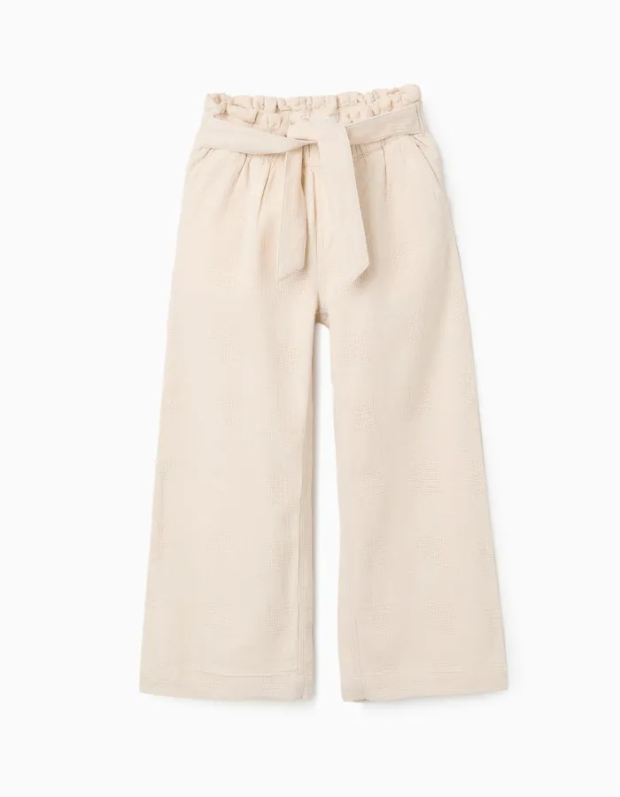 Wide leg dobby cotton trousers with belt for girls, light beige