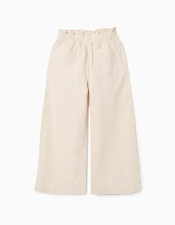 Wide leg dobby cotton trousers with belt for girls, light beige
