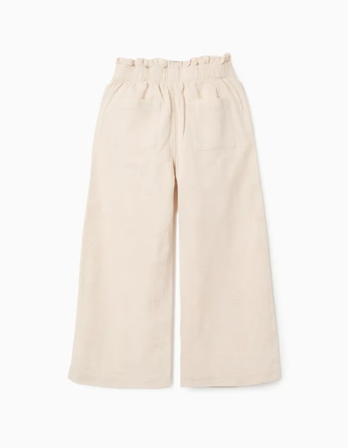 Wide leg dobby cotton trousers with belt for girls, light beige