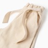 Wide leg dobby cotton trousers with belt for girls, light beige
