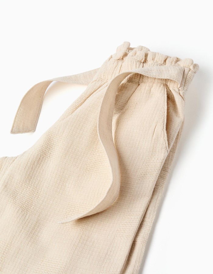 Wide leg dobby cotton trousers with belt for girls, light beige