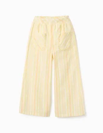 Wide leg cotton trousers with stripes for girls, yellow/orange