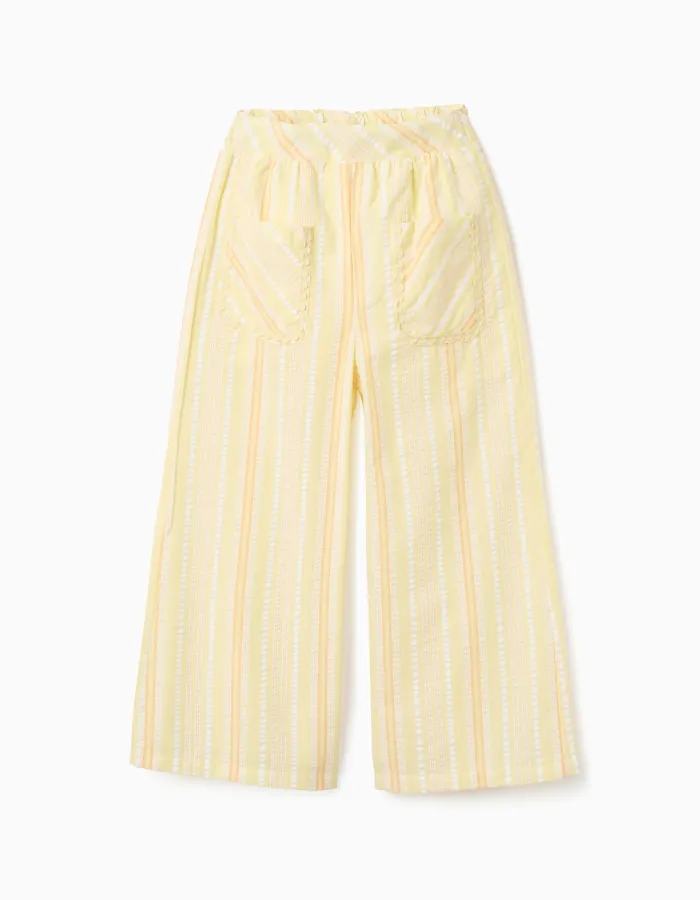 Wide leg cotton trousers with stripes for girls, yellow/orange