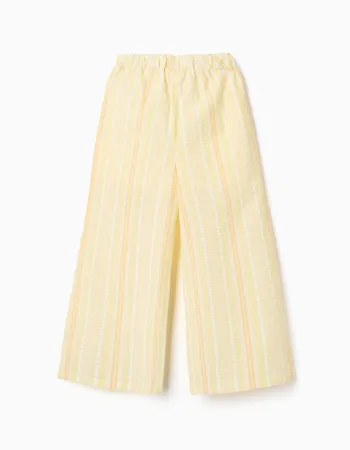 Wide leg cotton trousers with stripes for girls, yellow/orange