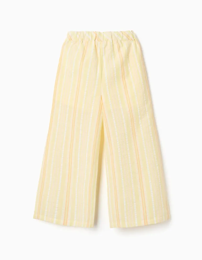 Wide leg cotton trousers with stripes for girls, yellow/orange