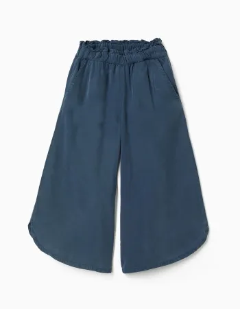 Wide leg lyocell trousers with elastic waistband for girls, dark blue