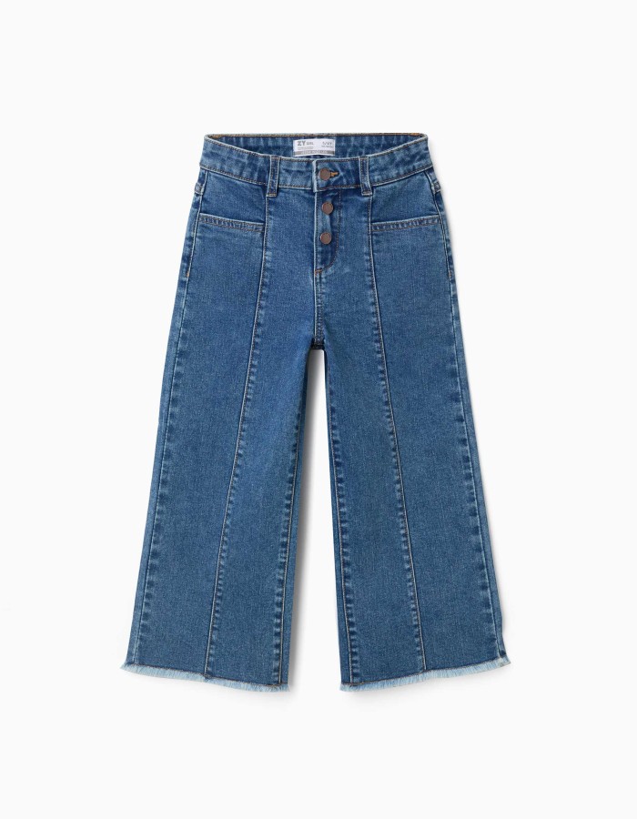 Wide leg jeans with frayed hems for girls, blue