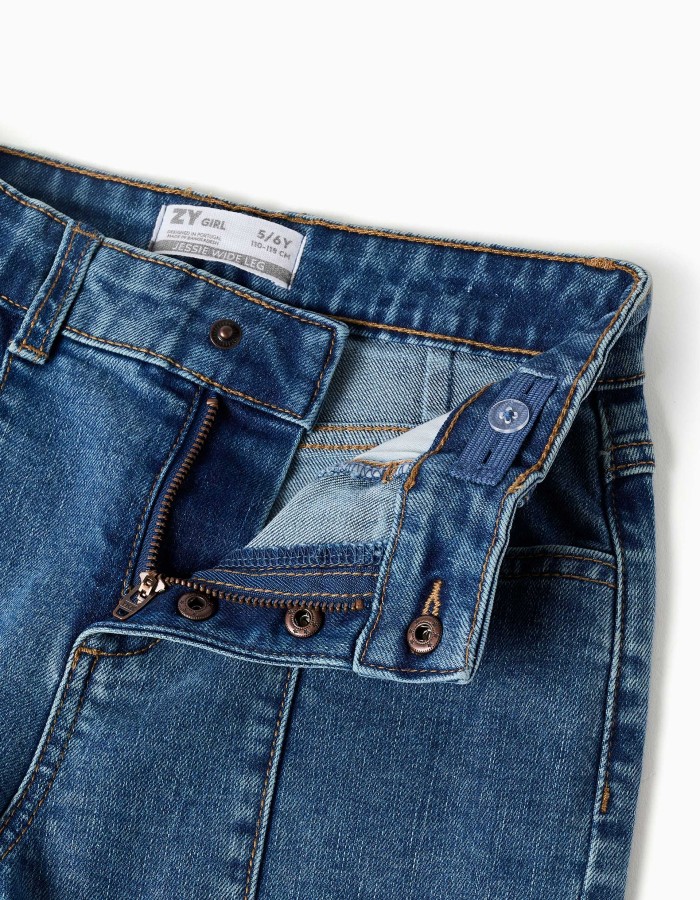 Wide leg jeans with frayed hems for girls, blue