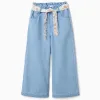 Wide leg denim trousers with floral belt for girls, light blue