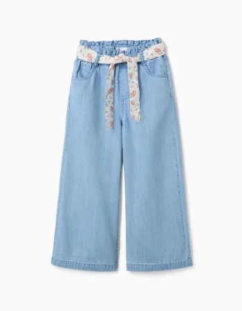 Wide leg denim trousers with floral belt for girls, light blue