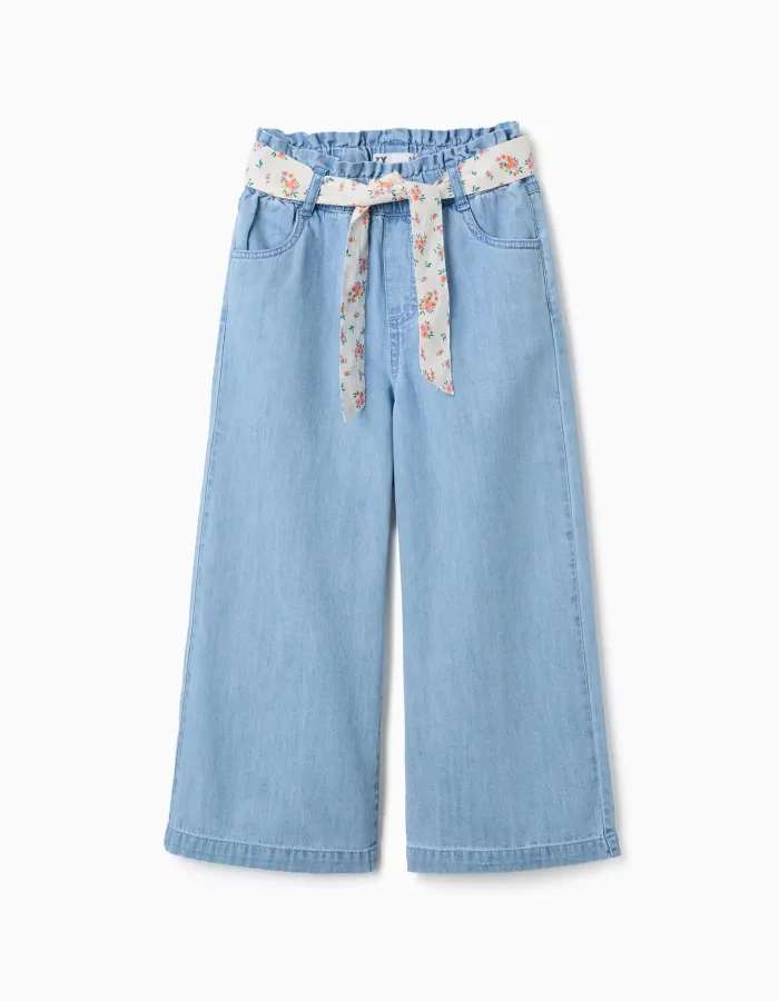Wide leg denim trousers with floral belt for girls, light blue
