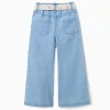 Wide leg denim trousers with floral belt for girls, light blue