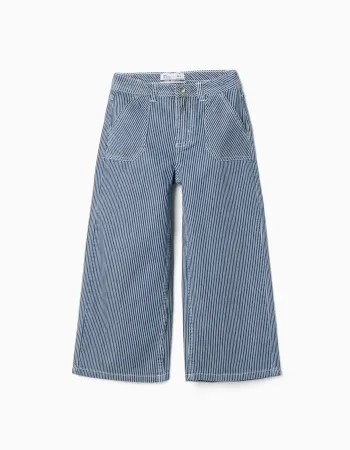 Wide leg jeans with stripes for girls, blue/white