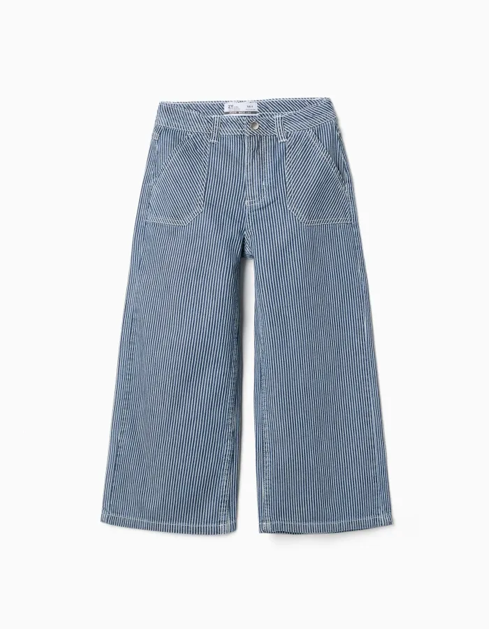 Wide leg jeans with stripes for girls, blue/white