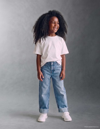 Cotton jeans with paperbag waist and folded hems for girls, blue