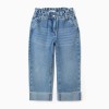 Cotton jeans with paperbag waist and folded hems for girls, blue