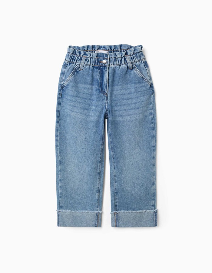 Cotton jeans with paperbag waist and folded hems for girls, blue