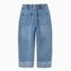 Cotton jeans with paperbag waist and folded hems for girls, blue