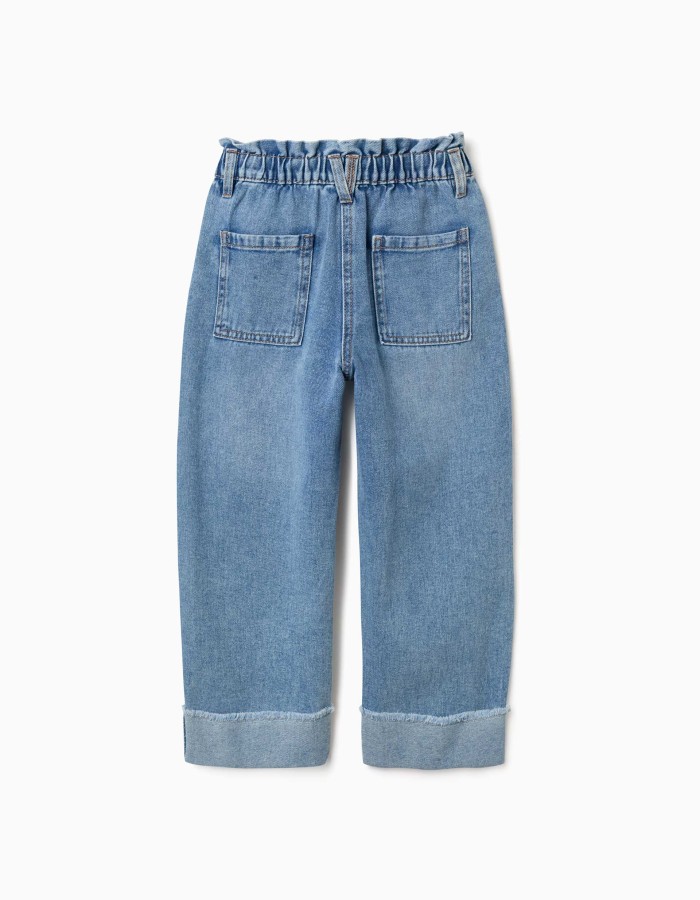 Cotton jeans with paperbag waist and folded hems for girls, blue