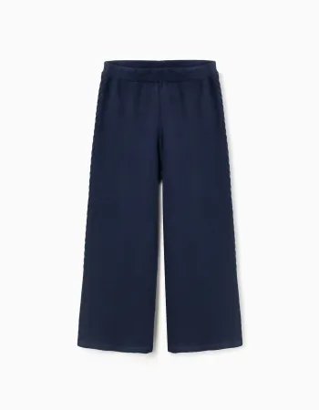 Wide leg knitted trousers with cable details for girls, navy blue
