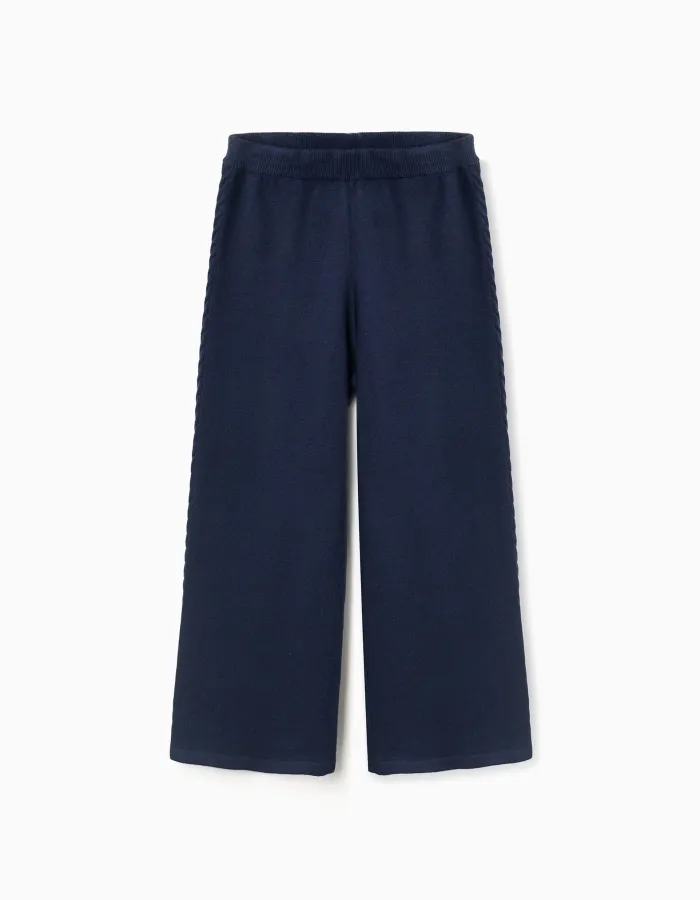 Wide leg knitted trousers with cable details for girls, navy blue