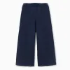 Wide leg knitted trousers with cable details for girls, navy blue