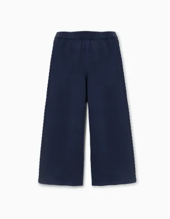 Wide leg knitted trousers with cable details for girls, navy blue