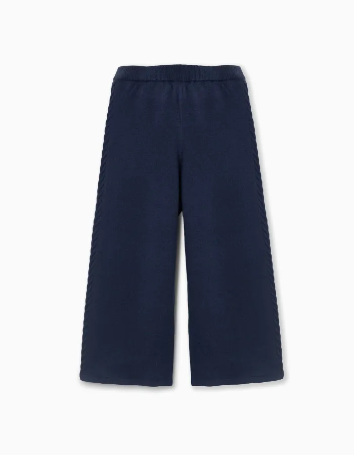 Wide leg knitted trousers with cable details for girls, navy blue